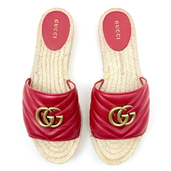 Gucci Charlotte Matelesse Espadrille Marmont Slide Sandal Hibiscus Red Leather 8 - Picture 9 of 16